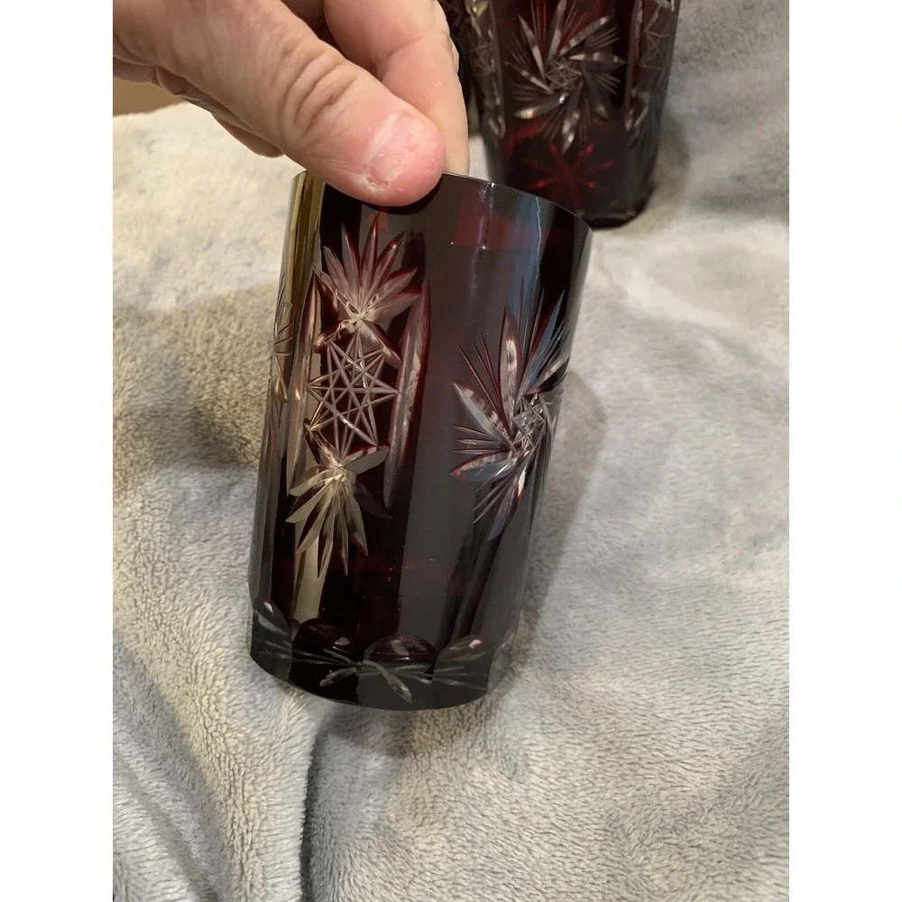 SET OF 4 RUBY RED BOHEMIAN CRYSTAL CUT TO CLEAR WHISKEY TUMBLER BAR GLASSES